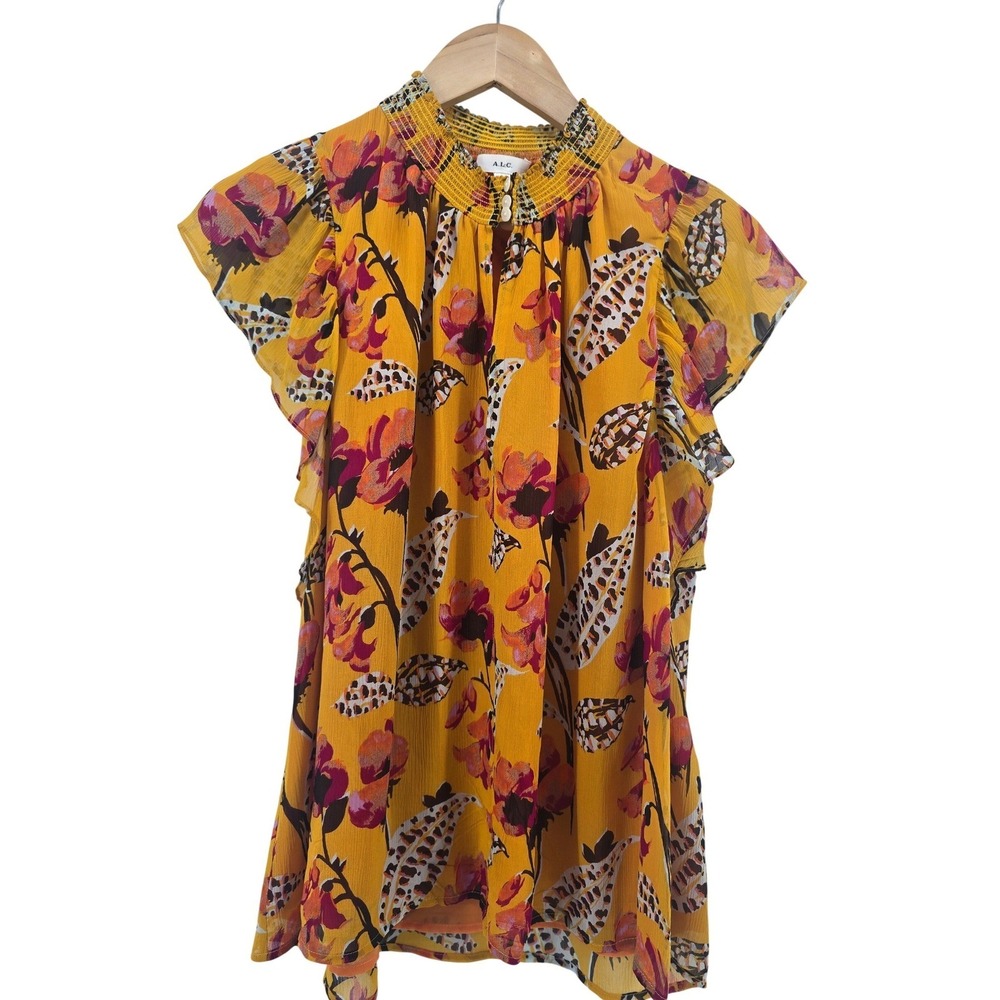 A.L.C. Silk Blouse Womens 10 S-2204 Yellow Floral Leopard Flutter Sleeve EUC